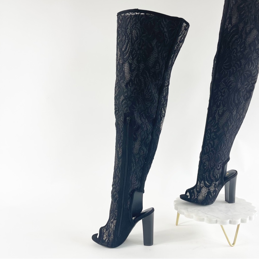 #429 New BAMBOO Spotlight Black Lace Thigh High Peep Toe Heels size 10 - Picture 10 of 14